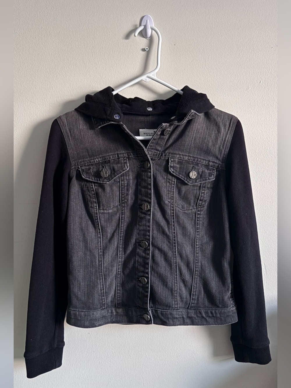Women's Black Bootlegger Denim Hooded Jacket, size S